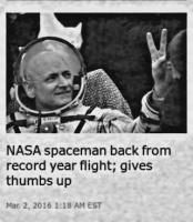 Associated Press:  "NASA spaceman back from record year flight; gives thumbs up" (2 March 2016)