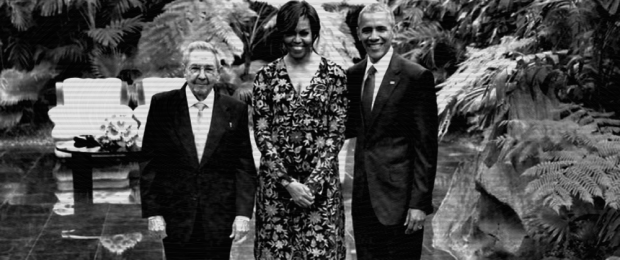 Cuban President Raul Castro (left) poses for a photograph with U.S. First Lady Michelle Obama and U.S. President Barack Obama before a state dinner at the Palace of the Revolution, 21 March 2016, in Havana Cuba.  (Detail of photograph by Chip Somodevilla/Getty Images.)