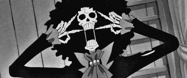 Brook, the jolly Humming Pirate who also happens to be a skeleton with an afro. (Detail of frame from 'Shonen Jump One Piece'.)