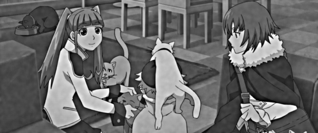 Detail of frame from "Darker Than Black: Gemini of the Meteor", episode 9, 'They Met One Day, Unexpectedly ...'. L-R, Kiko Kayanuma, July, and Suou Pavlichenko discuss the profitability of a cat café versus more mundane work as a book editor, and Mao (lower right) hides in Suou's satchel.